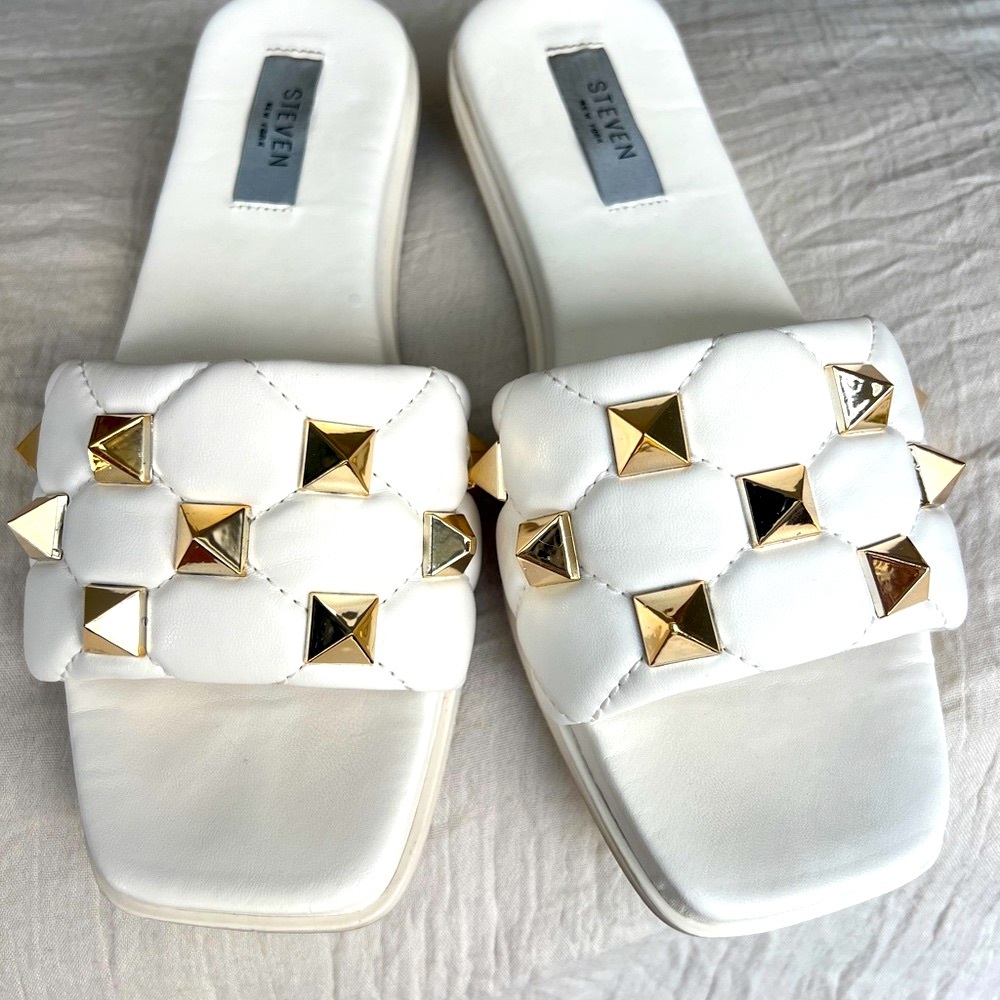 White and Gold Pyramid Stud Sandals
